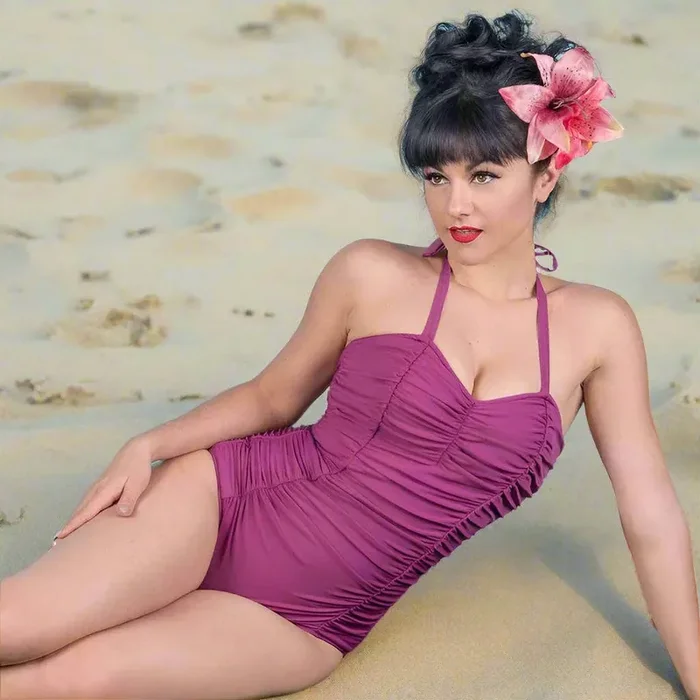[Size XS Remaining] Pinup 1950s Rosie Retro One-Piece Swimsuit in Floral Prints, Black or Wine 50s Inspired Swimsuit