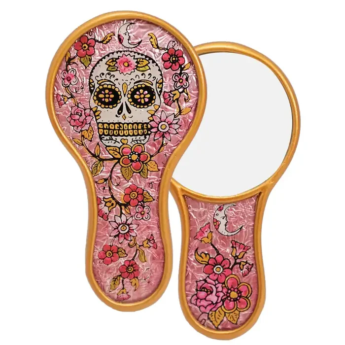 Small Pink Skull Handy Mirror Made in Peru Handheld Purse Travel Mirror