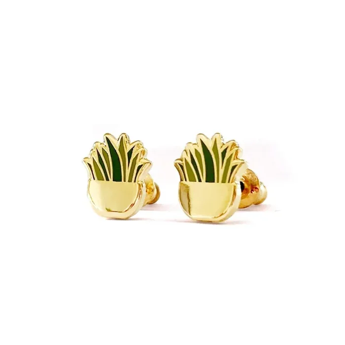 Snake Plant Gold Plated Enamel Earrings