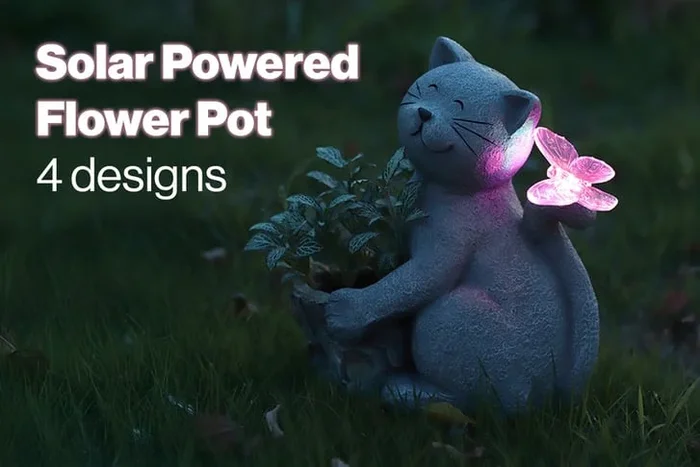 Solar Powered Cat Garden Ornament Planter – Weather-Resistant Resin Outdoor Décor