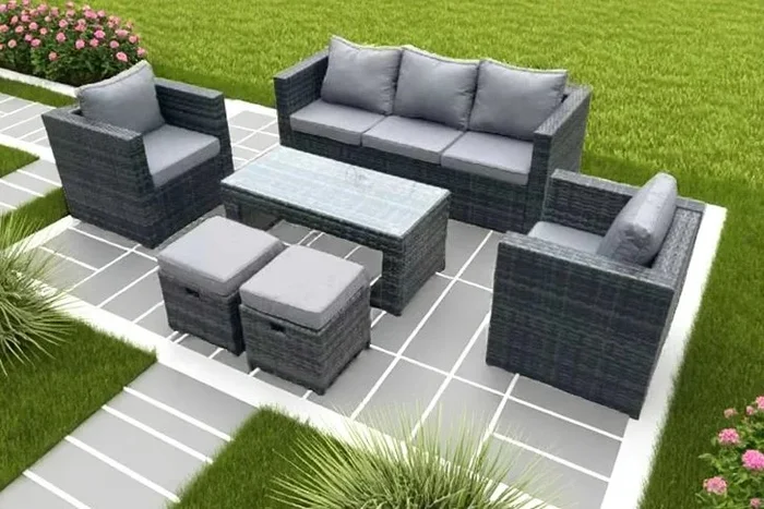 Sophisticated Rattan Sofa Set with Elegant Coffee Table & Cozy Stool