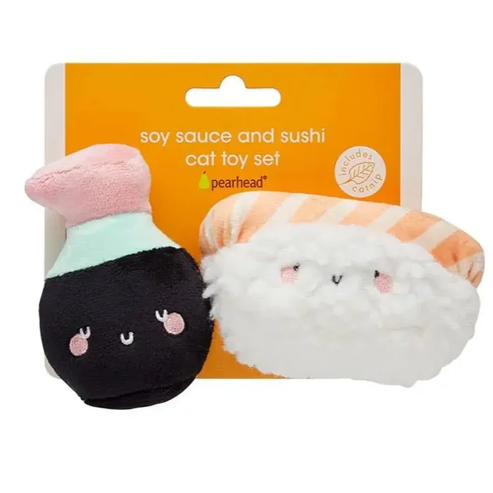 Soy Sauce and Sushi Cat Toy Set Plush Toys for Pet Lovers Giftable Cat Stocking Stuffer