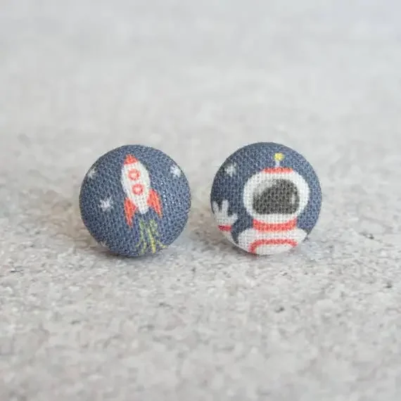 Space Man Fabric Button Earrings Handmade in the US