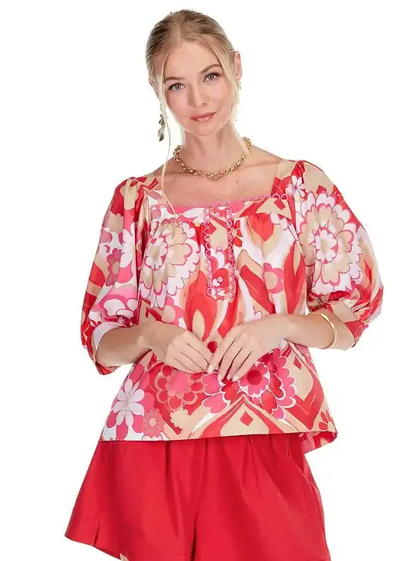 Square Neck Trim Top • Zinnias