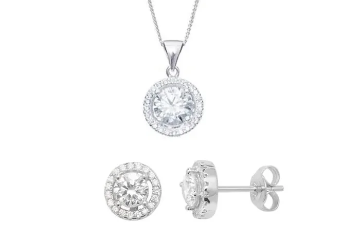Sterling Silver 2-Piece Jewellery Set – Classic 13mm Halo Round Necklace & Earrings, Cubic Zirconia, Gift Set