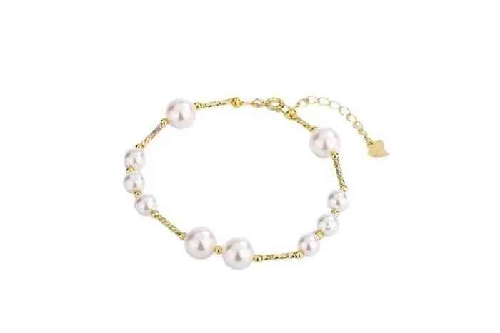 Sterling Silver Adjustable Pearl Station Bracelet, 14K Gold-Plated, Hypoallergenic, 16–19cm
