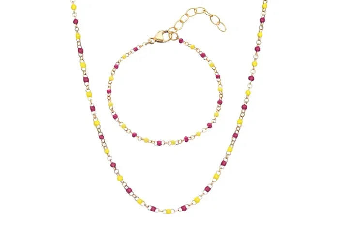 Sterling Silver Children’s Beaded Jewellery Set – Red & Yellow Enamel, 2-Piece Matching Necklace & Bracelet