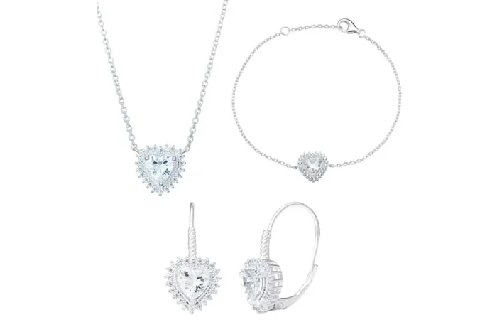 Sterling Silver Heart Jewelry Set with Necklace, Bracelet & Earrings