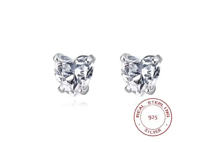 Sterling Silver Heart Stud Earrings – S925 Hypoallergenic 6mm Cubic Zirconia Studs, White Gold-Plated