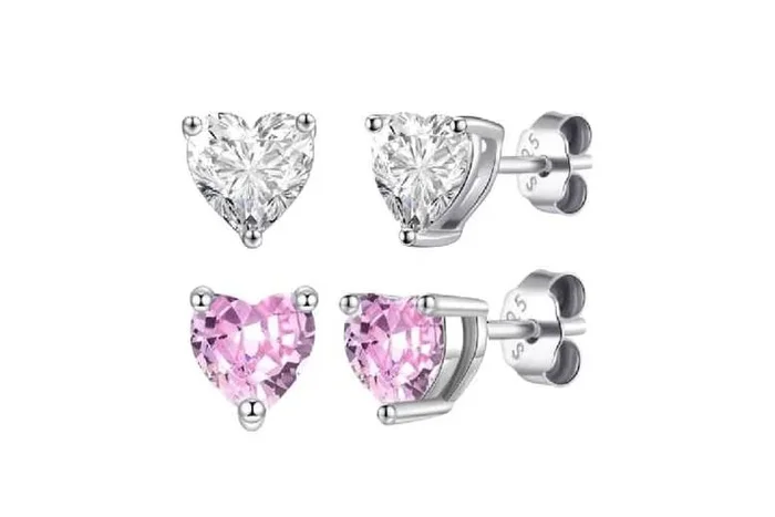 Sterling Silver Heart Stud Earrings S925 – Hypoallergenic Cubic Zirconia Studs
