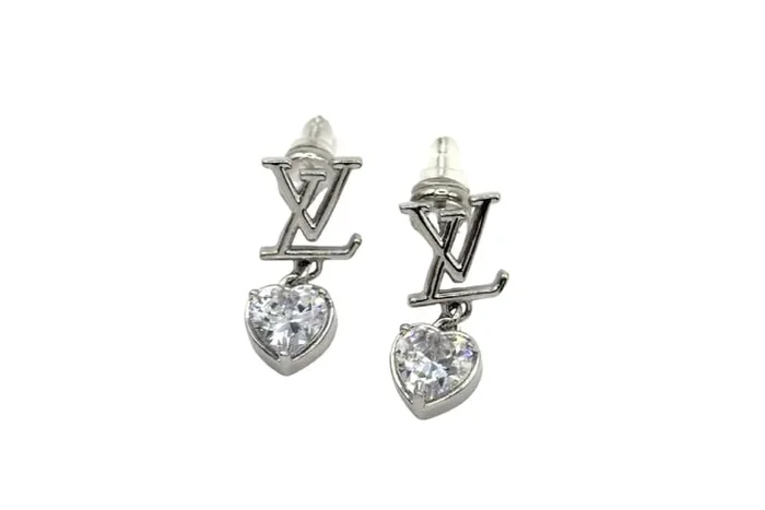 Sterling Silver Initial Heart Drop Earrings – White Gold Plated, Hypoallergenic, Cubic Zirconia Dangle Studs