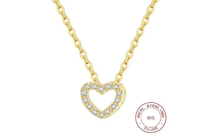 Sterling Silver Minimalist Heart Pendant Necklace – 14K Gold Plated, Adjustable Chain, Hypoallergenic, Cubic Zirconia Accent