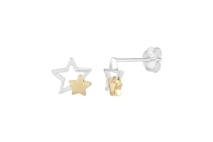 Sterling Silver S925 Two Tone Star Stud Earrings – Gold Plated, Hypoallergenic, Lightweight