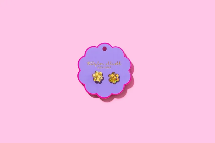 Stud Earrings – Acrylic Flowers – Gold Confetti