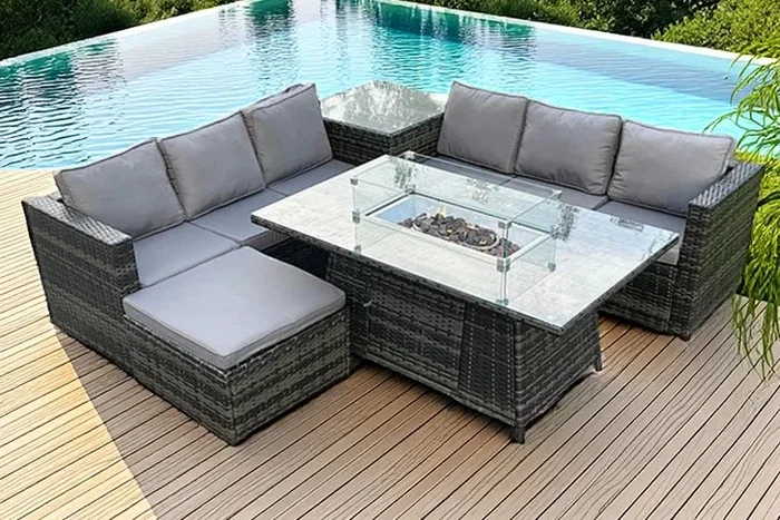Stunning 7-Seater Rattan Set with Luxe Gas Fire Pit & Footstool