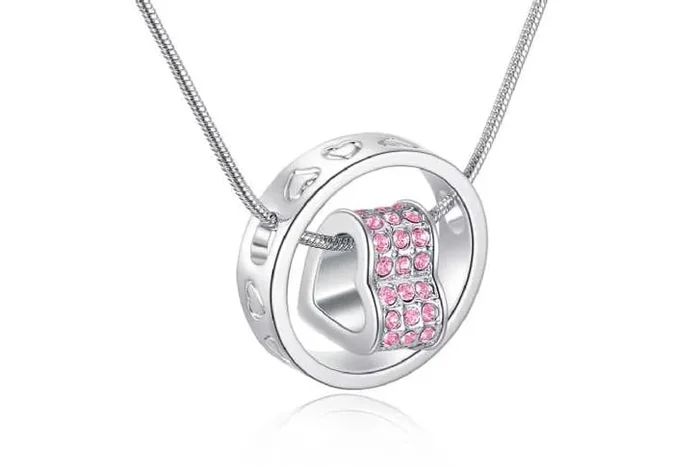 Stunning Silver Pink Crystal Heart Necklace