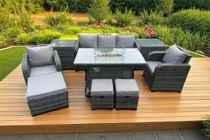 Stylish & Durable PE Rattan Sofa Set with Cozy Firepit Table