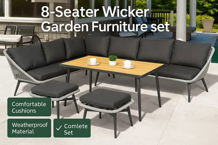 Stylish 8-Seater Wicker Garden Set with Charming Wooden Table