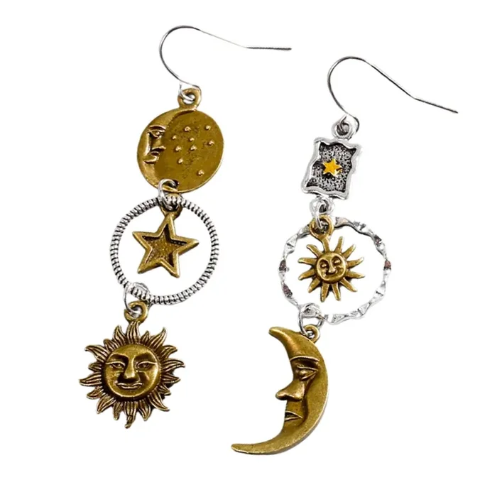Sun and Moon Celestial Charm Earrings Dangle Earrings 2.75″ Long Boho Jewelry