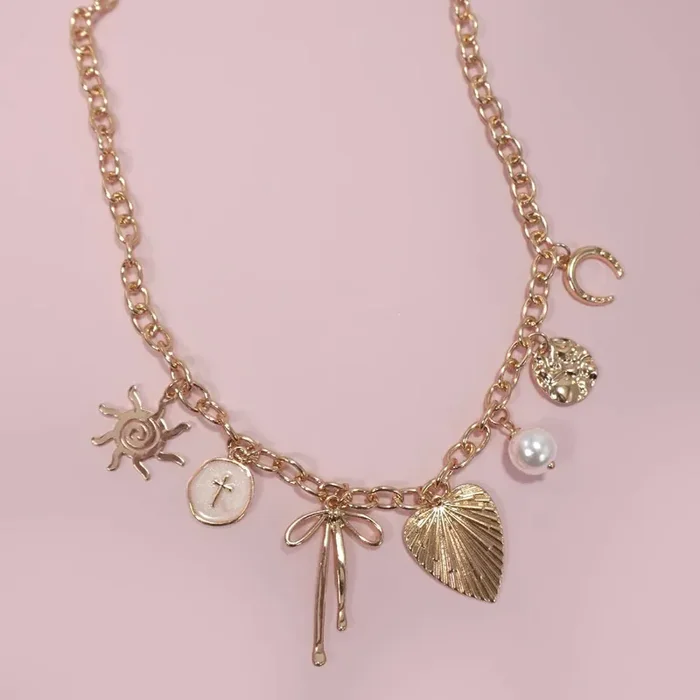 Sun Coquettecore Bow Pearl Cross Disc U-Shaped Charm Necklace in Gold Plating