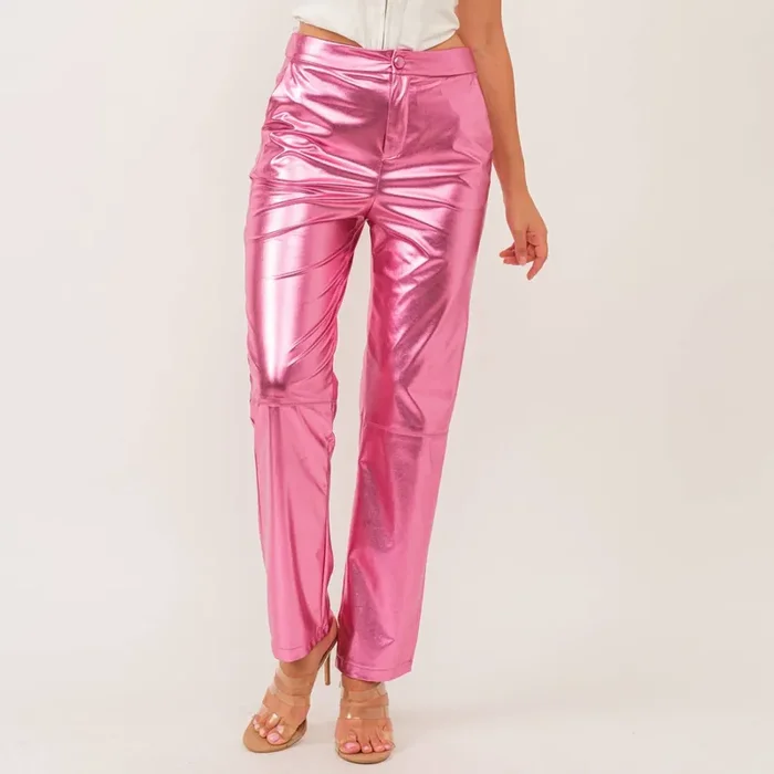 Synthetic Leather Metallic-Accented Slim-Fit Trouser in Pink