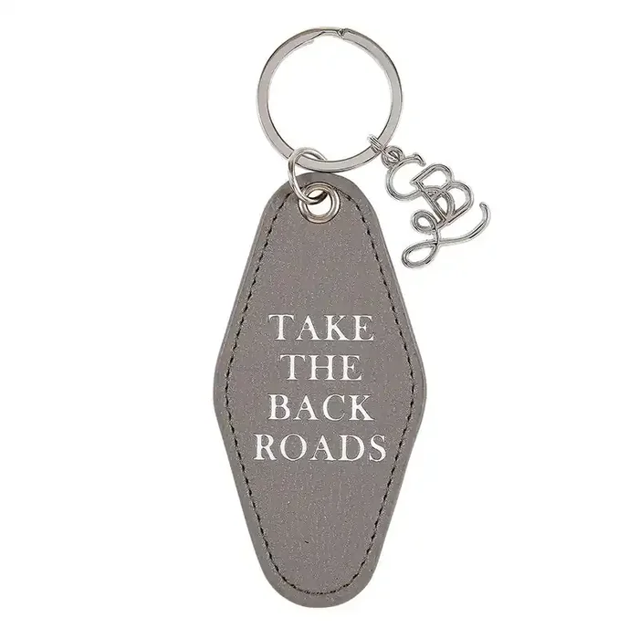 Take The Back Roads Leather Style Motel Key Tag Silver Accent Novelty Keychain