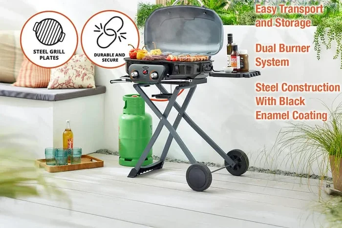 Tourer Two Burner Gas BBQ with Collapsible Legs & Portable Wheels