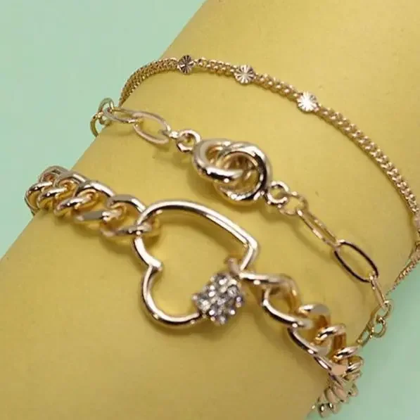 Trio Layer Heart Charm Bracelet Gold Tone Jewelry
