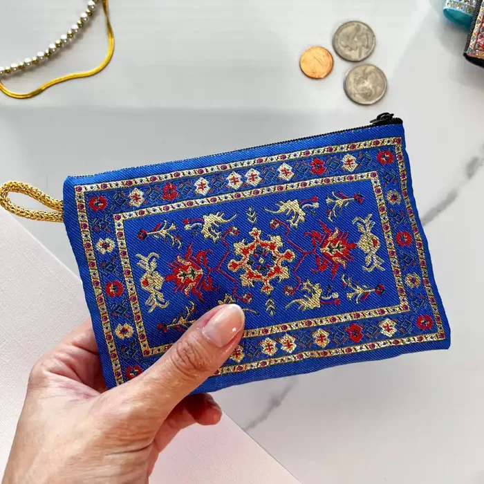 Turkish Rug Design Blue Coin Purse Small Zipper Pouch Wallet Organizer Handmade in Turkey 4″ x 5″