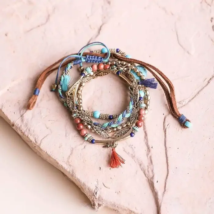 Turquoise Stackable Suede Bracelet Mixed Beads & Natural Stone Bohemian Style Fashion Jewelry
