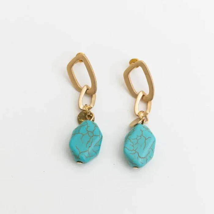 Turquoise Stone Drop Chain Earrings ? Bohemian Style Dangle Fashion Jewelry
