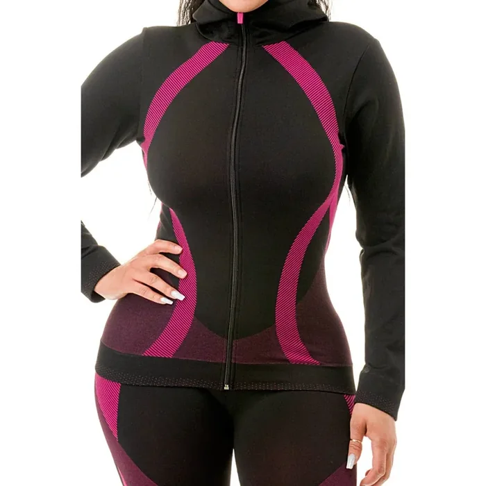 Two Piece Active Zip Up Hooded Jacket + Leggings Set in Fuchsia – One Size S/M