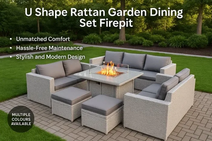 U Shape Rattan Garden Dining Set with Cozy Firepit