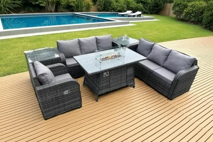 Ultimate 7-Seater Garden Sofa Set with Captivating Fire Pit