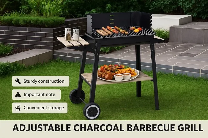 Ultimate Adjustable Charcoal Barbecue Grill with Shelves & Wheels