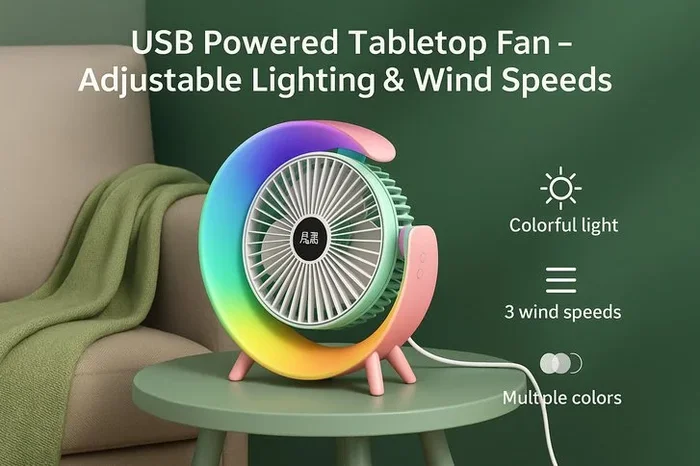 USB Powered Tabletop Fan with Adjustable Lighting & Dynamic Wind Speeds!