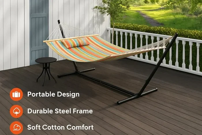 Vibrant Striped Garden Hammock with Adjustable Steel Stand