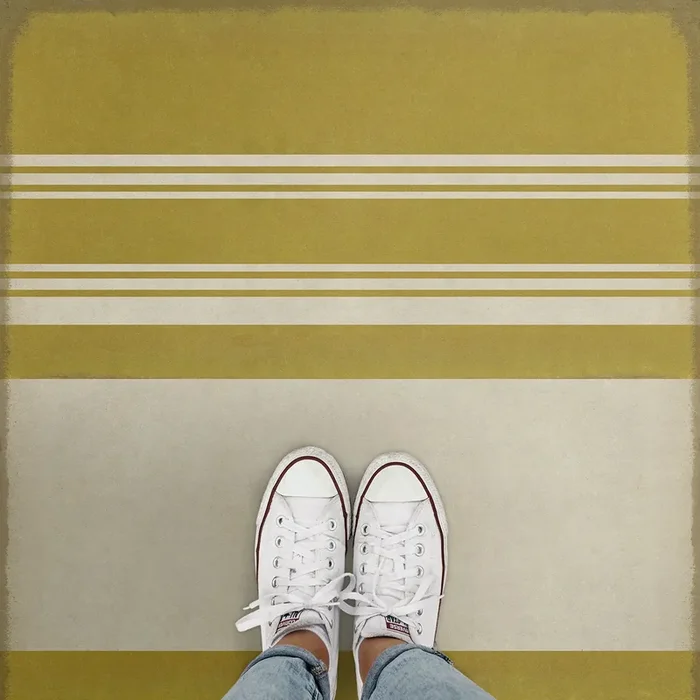 Vintage Vinyl Floorcloth Rug (Pattern 50 Organic Stripes Yellow and White)