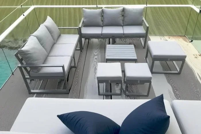 Weather-Resistant Aluminium Garden Sofa Set with Coffee Table & Footstools – 8 Seater Modern Outdoor Lounge