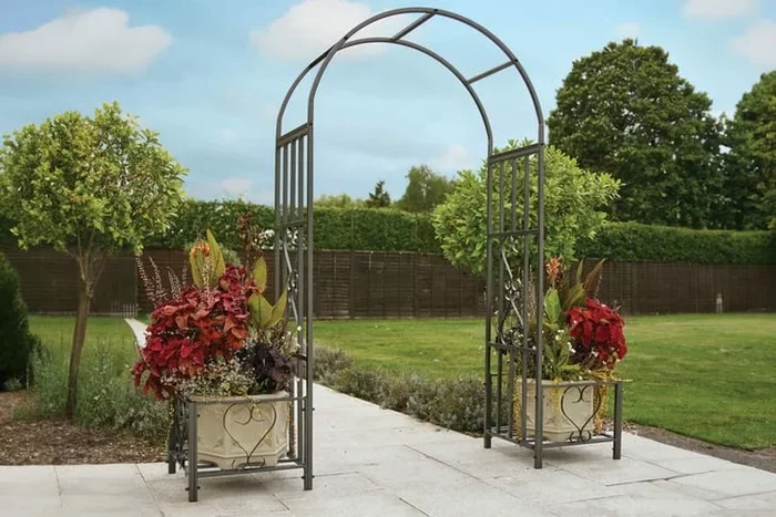 Weather-Resistant Metal Garden Trellis Arch with Decorative Side Planters