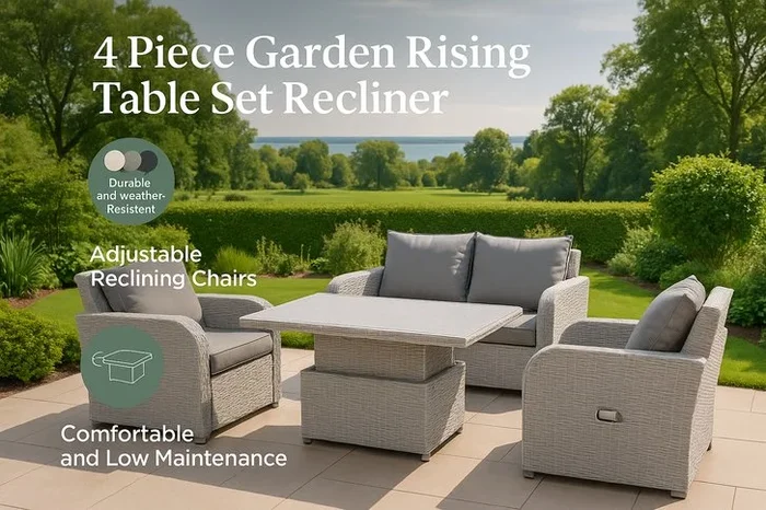 Weather-Resistant Rattan Reclining Garden Set – 4 Seater with Adjustable Table