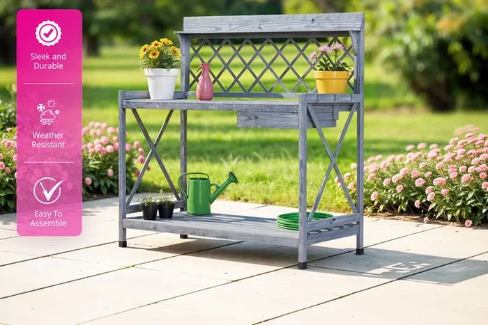 Weatherproof Wooden Garden Potting Table with Storage Drawer, Multi-Level Shelving & Decorative Trellis