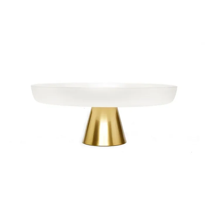 White Glass Cake Plate on Gold Stem