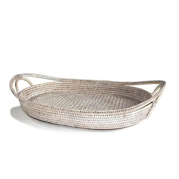White Wash Rattan Oval Open Handle Tray 21″