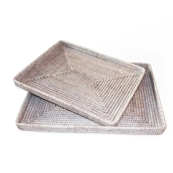 White Wash Rattan Rectangular Trays Set/2