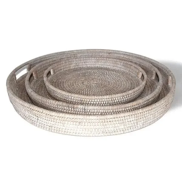 White Washed Rattan Round Trays Set/3