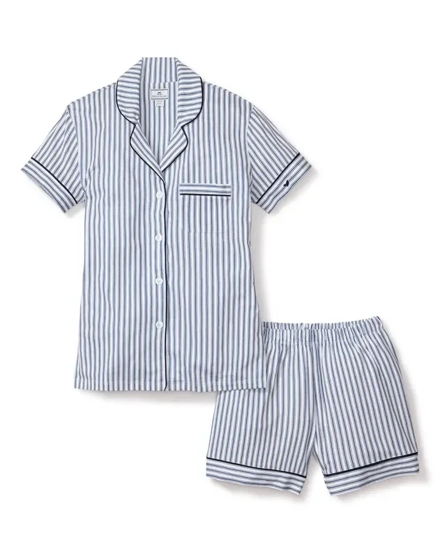 Women‘s Pima Pajama Short Set in Navy French Ticking- Petite Plume