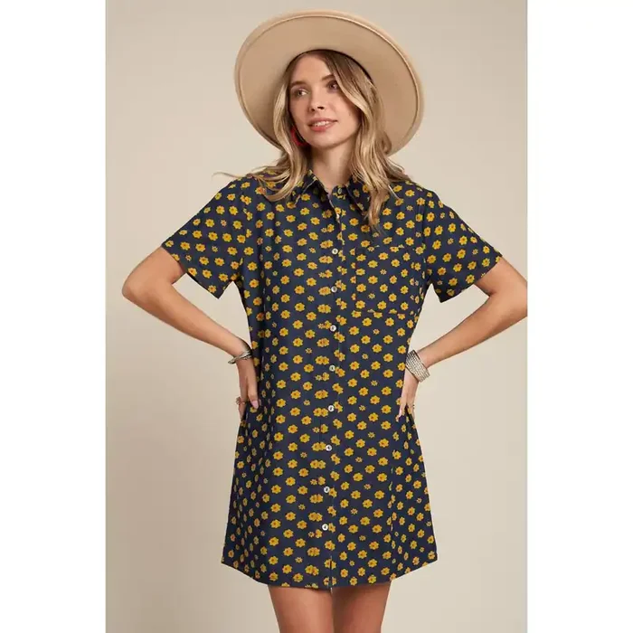 Yellow Flowers Button Down Denim Shirt Dress Fashion Mini Dress [Available in SM,M]