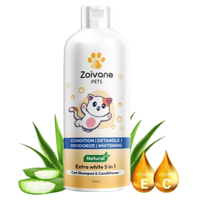 Zoivane 5 in 1 Extra White Cat Shampoo With Conditioner 200 Ml | Reduces Hair Fall | Enhances Coat Brightness | Pack of 1