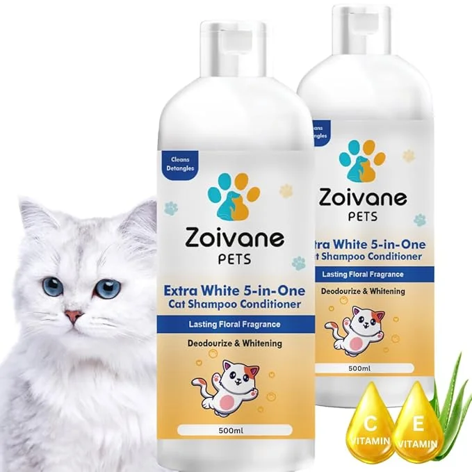 Zoivane 5 in 1 Extra White Cat Shampoo With Conditioner 500 Ml | Reduces Hair Fall | Enhances Coat Brightness | Pack of 2